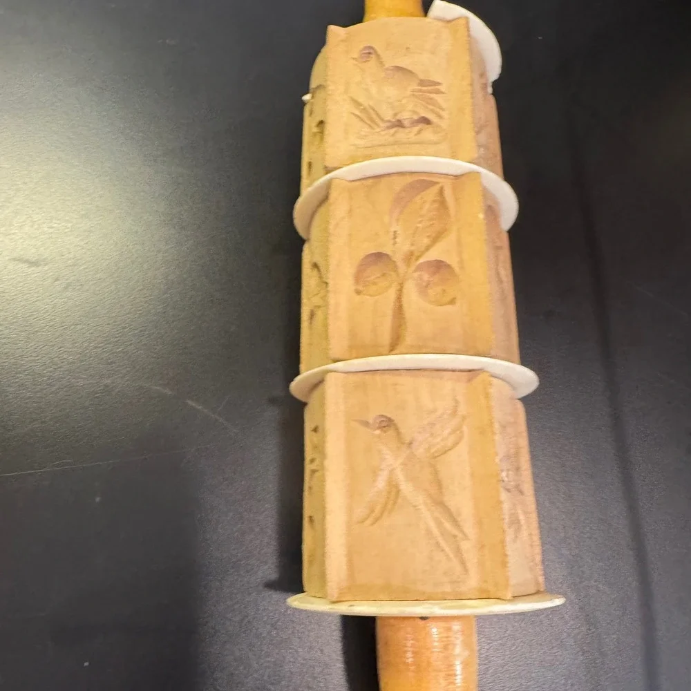 Decoration Only Springerle Rolling Pin Brown Wood Carved Bird Fruit Fish